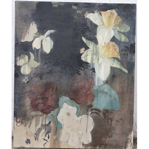 820A - A very large Mixed media and Oil on canvas depicting Spring Daffodils, Scarab Beatles and my little ... 