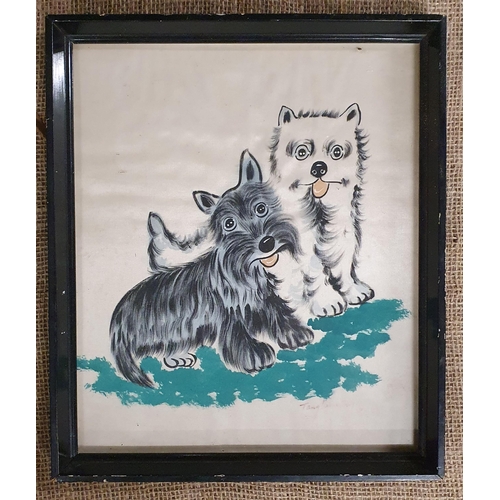 902 - A 20th Century comical coloured Print of two Terriers. Monogrammed indistinctly. 32 x 27 cm approx.