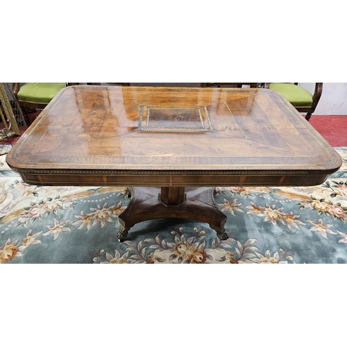 A Superb 19th Century Irish Yew Wood rectangular Centre Table probably Killarney with Brass inlaid Top and frieze on a rectangular platform base. 137 x 91 x H 74 cm approx.