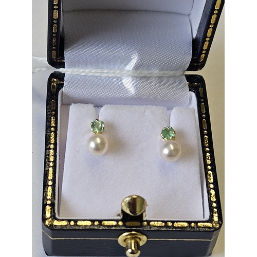 672 - A pair of 9ct Gold, Pearl and Emerald Earrings.