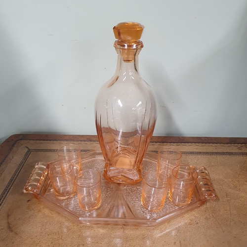 729 - An Art Deco period Liqueur set consisting of a Decanter, six glasses and a Tray. H 26 cm approx.