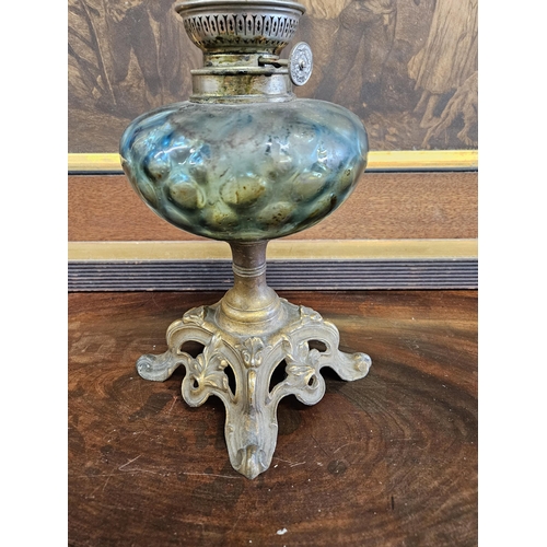 748 - An Art Nouveau Brass and glass Oil Lamp with Blue glass Bowl and funnel. H 53 cm approx.