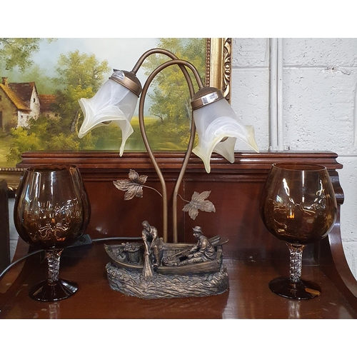 777 - A 20th Century Mantel Clock, along with a twin branch Light and two Amber glasses.