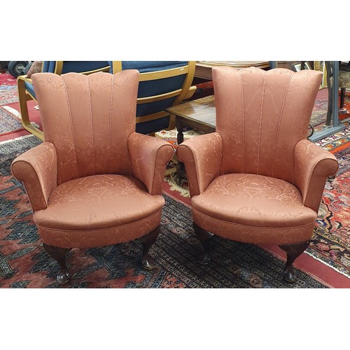 793 - A pair of 1950's retro Armchairs with fan shaped backs. BH 85 x SH 34 x W 72 x D 66 cm approx.