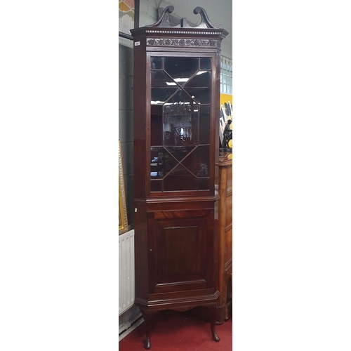 820 - An Edwardian Mahogany glazed Corner Cabinet on cabriole supports. H 217 x W 66 x D 36 cm approx.