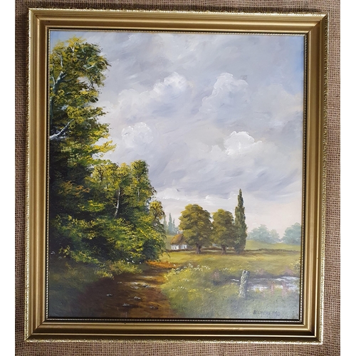 14 - A 20th Century Oil on Board of a country path with a cottage in the distance and pond to the fore. S... 