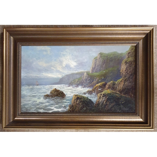 28 - F Hider. A 19th Century Oil on Canvas of a coastal scene with ships in full sail. In a good gilt fra... 