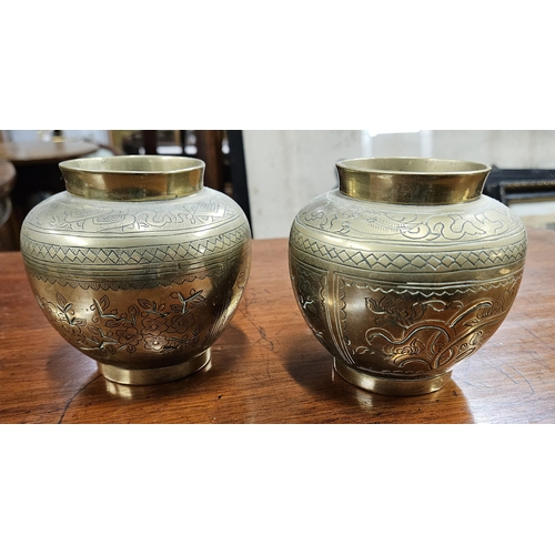 62 - A pair of Oriental Censors along with two Bells and a Tray (Tray D 17 cm approx).