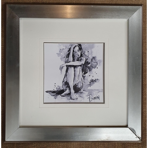 77 - Two signed Prints of Women. Signed Boon LR probably JOANNE BOON. In silvered frames. 46 x 46 cm appr... 