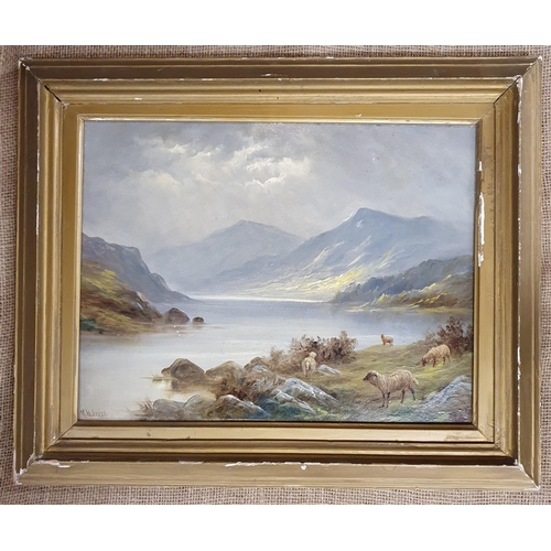 94 - An early 20th Century Oil on Board of a highland scene with sheep. Monogrammed RAJ. LR. Dated 1922. ... 