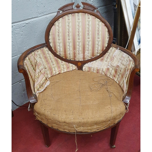 127 - An Edwardian Rosewood and Inlaid Tub Chair on tapered front supports. (in need of upholstery).
W 70 ... 