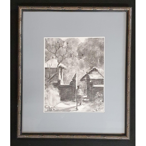 188 - A Pencil sketch of an old Woman going through a gate. Indistinctly signed LL. 21 x 17 cm approx.