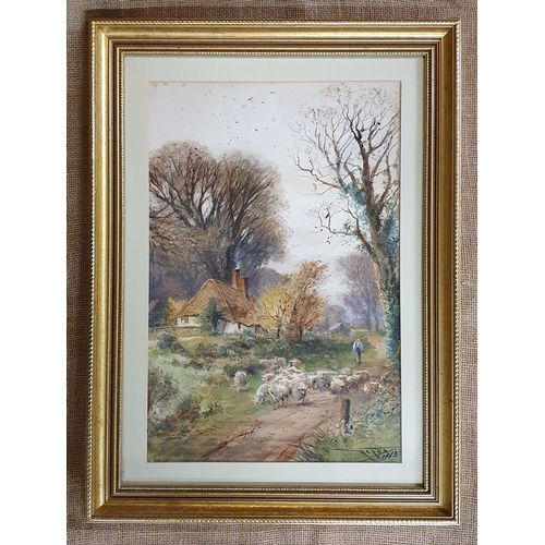 228 - An early 20th Century Watercolour of a shepherd herding his sheep down a path. Signed Hector LR and ... 