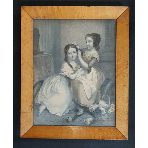 263 - An original 19th, possibly 18th, Century Engraving of two Children brushing their hair. In original ... 