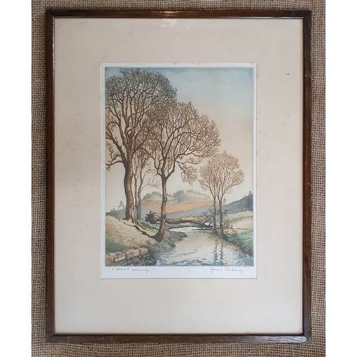 335 - A signed early 20th Century coloured Print of an April evening by James Pridday. Signed LR.
H 49 x W... 