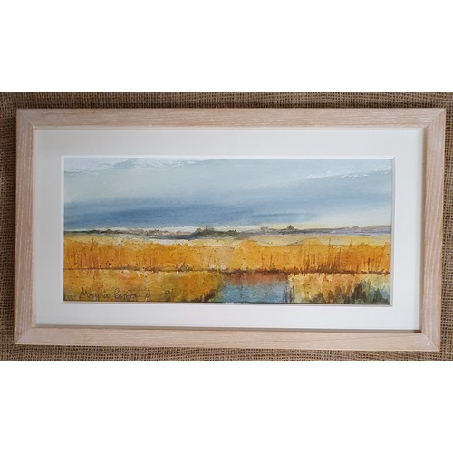 378 - Moyra Byford, Watercolour entitled Stream over Snape Village, signed LL. H 20 x W 38 cm approx.