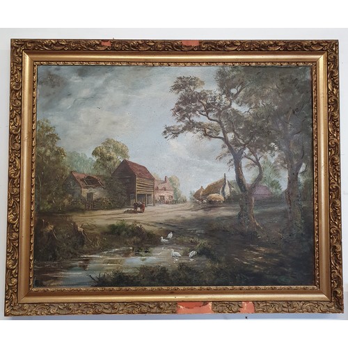 389 - J Whitton a large Oil on Canvas of Ducks in a pond beside a village. Monogrammed JTW. LR.
H 61 x W 7... 