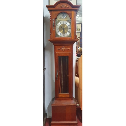 443 - A reproduction Mahogany Moonroller Longcase Clock with brass and steel dial. W 40 x H 174 cm approx.