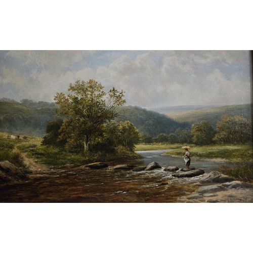 548 - Henry Hadfield Cubley (1858-1934) a 19th Century Oil on Canvas of a woman walking across a river wit... 