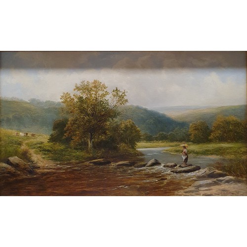 548 - Henry Hadfield Cubley (1858-1934) a 19th Century Oil on Canvas of a woman walking across a river wit... 