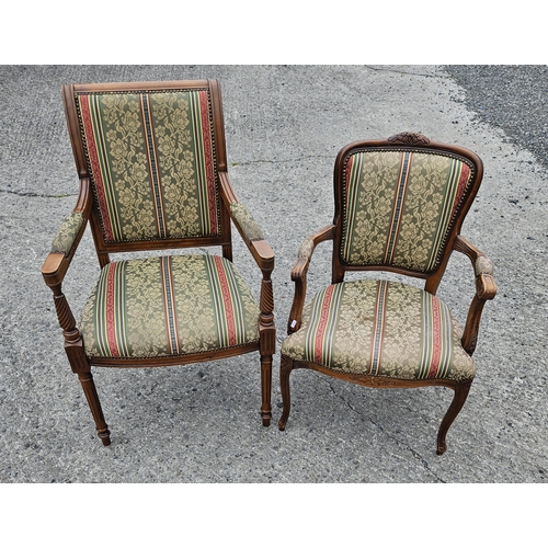 594 - Two Mahogany well upholstered show frame Armchairs. SH 50 x W 62 x D 60 cm approx.