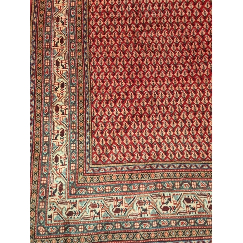 42 - A washed Red ground handwoven Persian Shahrukh Mia Carpet with an all over design.
L 348  x W 262 cm... 