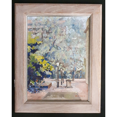 28 - John Blandy. A 20th Century Oil on Board of a Woman in a park. Signed LR. 39 x 29 cm approx.