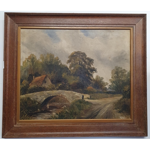 77 - A 20th Century Oil On Canvas of a river bridge scene in a good original oak frame, no apparent signa... 