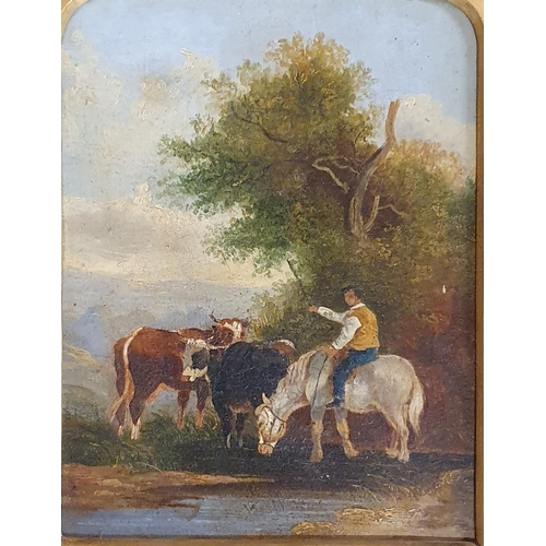 22 - A 19th Century Oil On Board of a man on horse back tending his cattle, no apparent signature in a go... 