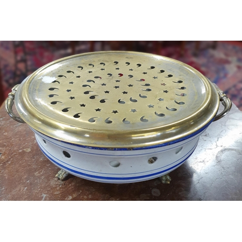 145 - A 19th Century Enamelled Warming Dish with pierced Brass top. D 23 cm approx.