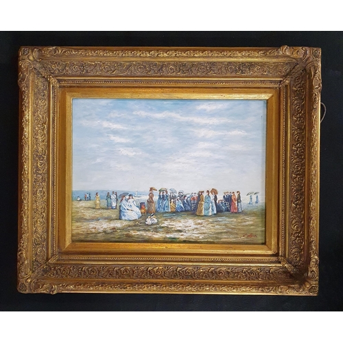 156 - An Oil on Board by L Clarke of a group of People in period dress beside a beach. Signed LR. In a goo... 