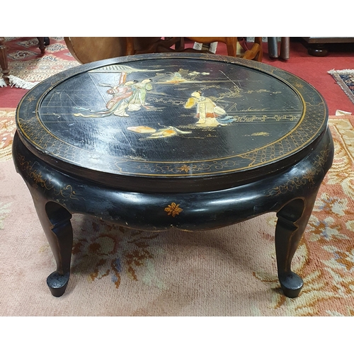 190 - A good Oriental circular Coffee Table with hand painted chinoiserie top on pad cabriole supports.
D ... 