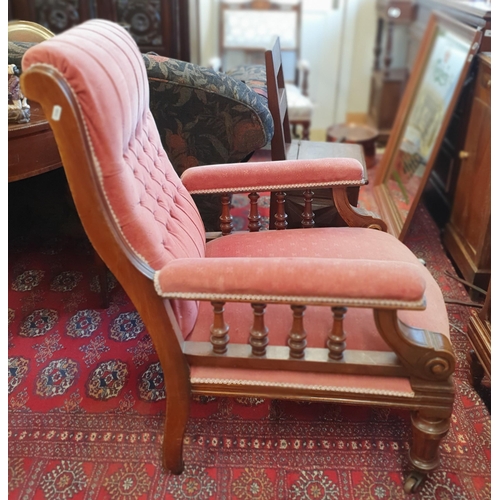 209 - A Late 19th Century Walnut show frame Armchair with Pink upholstery on turned supports. W 70 x SH 42... 