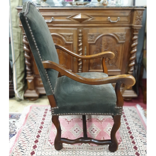 216 - A really good 19th Century Walnut hall Armchair with green dralon upholstery and buttoned back and s... 