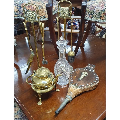 263 - A good quantity of Items to include a companion set, a spirit kettle, a Waterford crystal decanter.