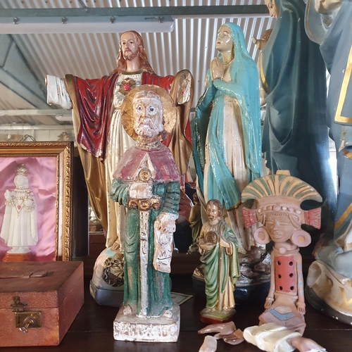 34 - A large 19th Century hand painted Figure of the Madonna and Child along with other figural religious... 