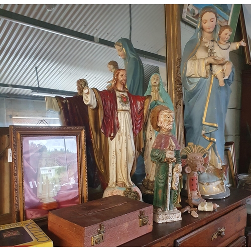 34 - A large 19th Century hand painted Figure of the Madonna and Child along with other figural religious... 