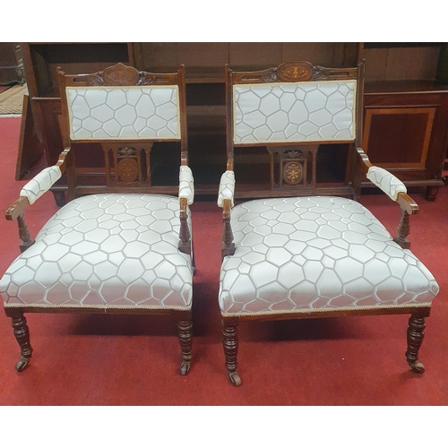 47 - A good pair of Edwardian Mahogany and inlaid Salon Chairs with retro style upholstery on turned supp... 