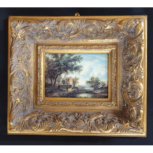 58 - A good pair of Oils on Canvas of country scenes in highly moulded gilded frames. 12 x 16 cm approx.