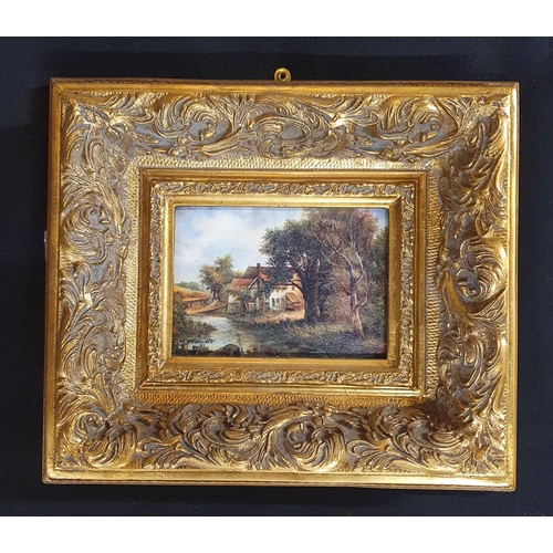 58 - A good pair of Oils on Canvas of country scenes in highly moulded gilded frames. 12 x 16 cm approx.