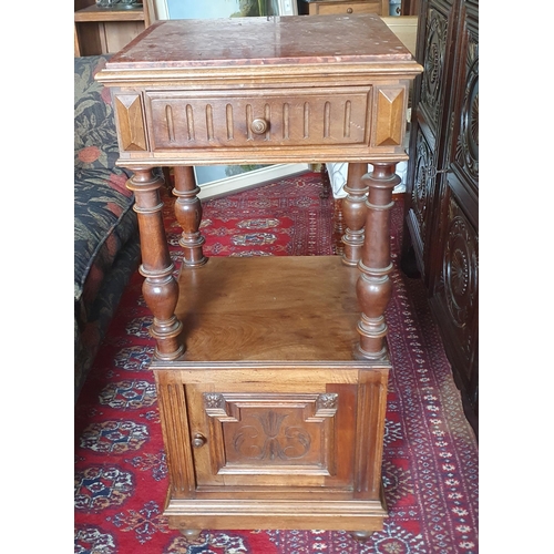 61 - A 19th Century Walnut Side Table with single frieze drawer single panel door and marble top. 40 x 35... 