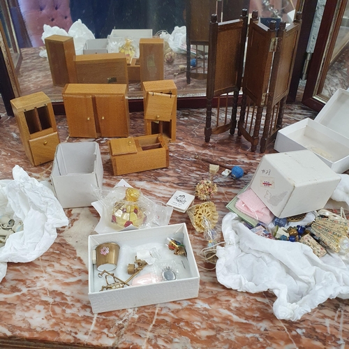 81 - A good quantity of Dolls House Furniture along with a triptych mirror.