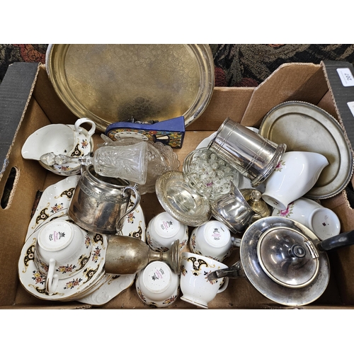 207 - A quantity of Items in two boxes to include Royal Imperial teaset, 19th Century oil lamp shades etc.... 