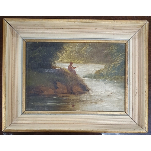 173A - A 19th Century miniature Oil on Canvas laid on Board of a man fishing 10 x 15 cm approx.