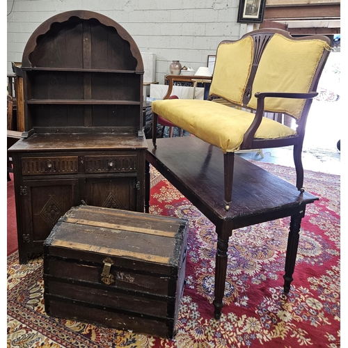 1392 - An Edwardian Mahogany show frame Couch, an Old Charm Cabinet, vintage Trunk and 19th Century Table.