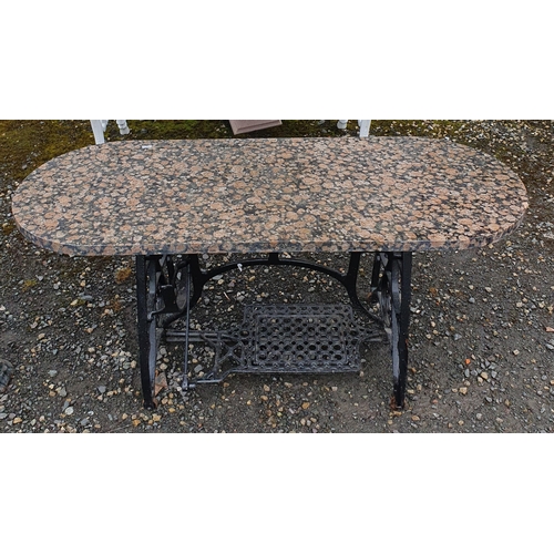 1422 - A Marble topped Coffee Table with treadle base.
W 119 x D 47 x H 51 cm approx.