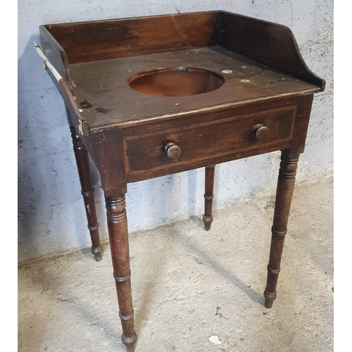 1480 - A Single seat Timber bench along with a 19th Century Wash Stand and a cased sewing Machine.