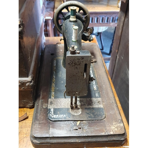 1480 - A Single seat Timber bench along with a 19th Century Wash Stand and a cased sewing Machine.