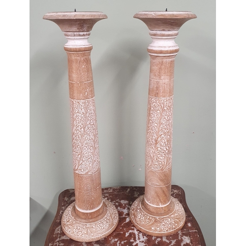 9 - A pair of Timber Pricket Stands with carved turned supports. H 52 cm approx.