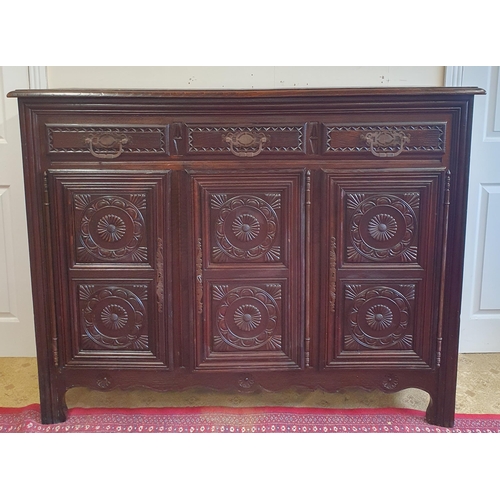 48 - A Fabulous 19th Century Oak three door Side Cabinet with triple frieze drawer with highly carved and... 